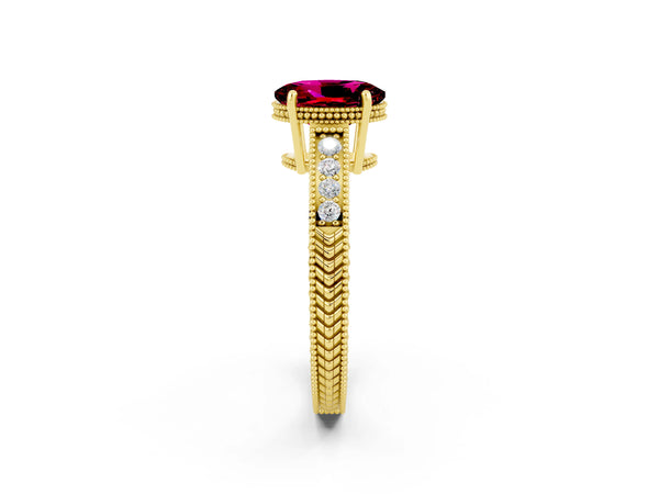 Yellow gold Oval Cut Garnet Engagement Ring with Milgrain Channel Set Band and Prong Setting