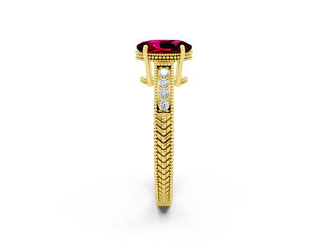 Yellow gold Oval Cut Garnet Engagement Ring with Milgrain Channel Set Band and Prong Setting_2