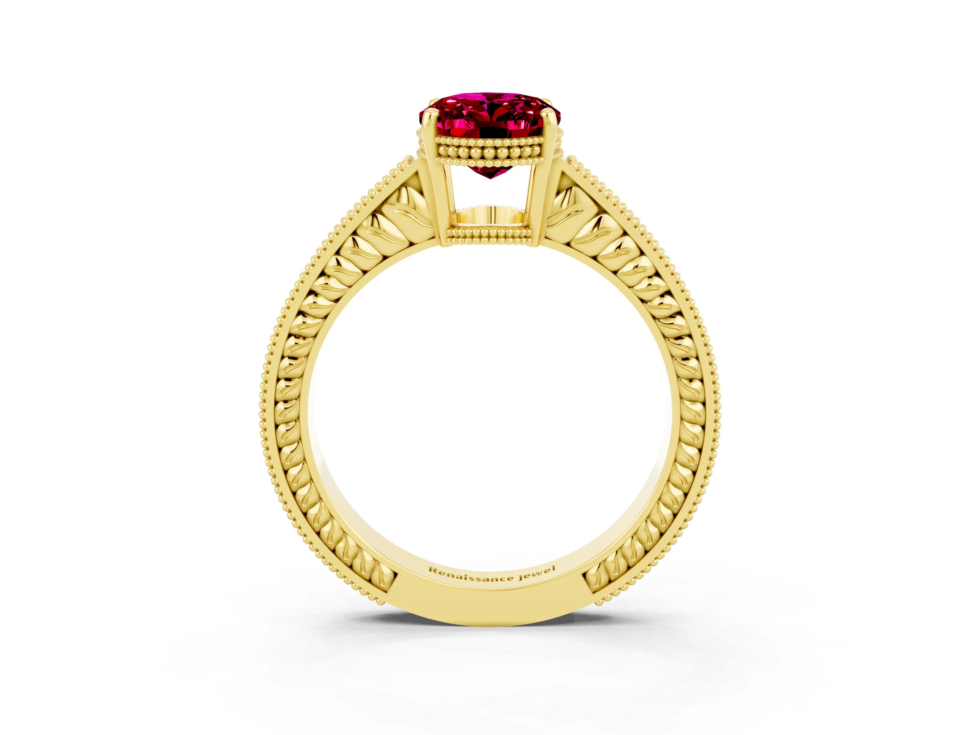 Yellow gold Oval Cut Garnet Engagement Ring with Milgrain Channel Set Band and Prong Setting_3