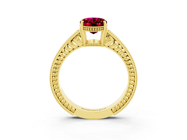 Yellow gold Oval Cut Garnet Engagement Ring with Milgrain Channel Set Band and Prong Setting