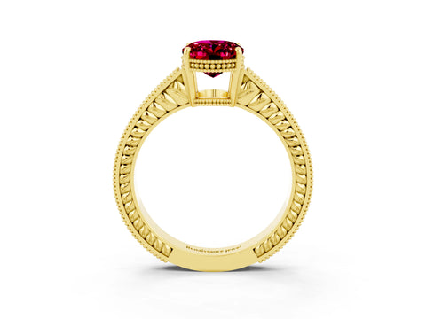 Yellow gold Oval Cut Garnet Engagement Ring with Milgrain Channel Set Band and Prong Setting_3
