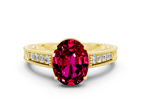 Yellow gold Oval Cut Garnet Engagement Ring with Milgrain Channel Set Band and Prong Setting