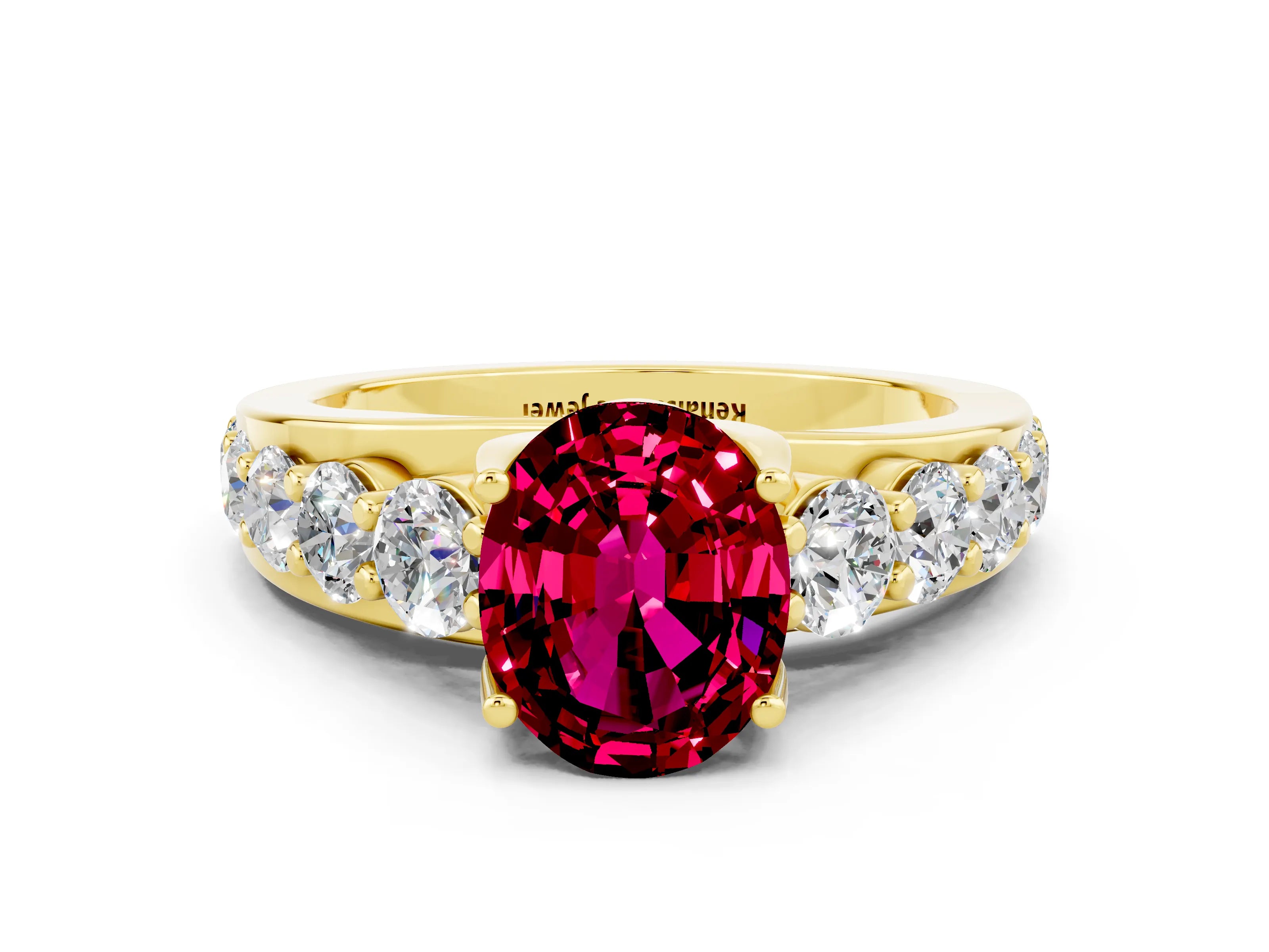 Yellow gold Oval Cut Garnet Engagement Ring with Pavé Band and Four-Prong Setting