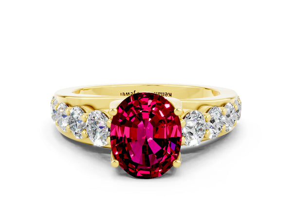 Yellow gold Oval Cut Garnet Engagement Ring with Pavé Band and Four-Prong Setting