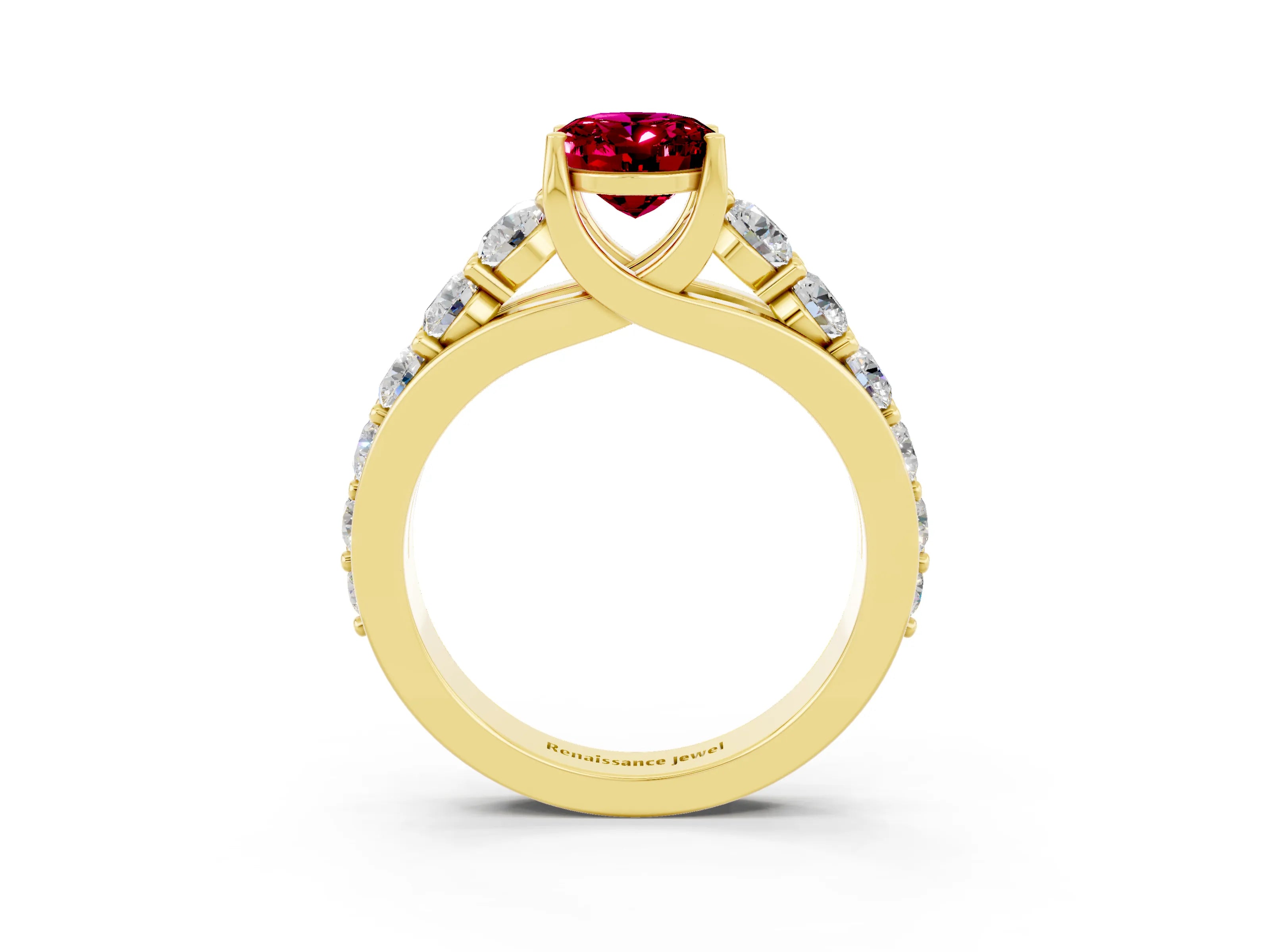 Yellow gold Oval Cut Garnet Engagement Ring with Pavé Band and Four-Prong Setting_3