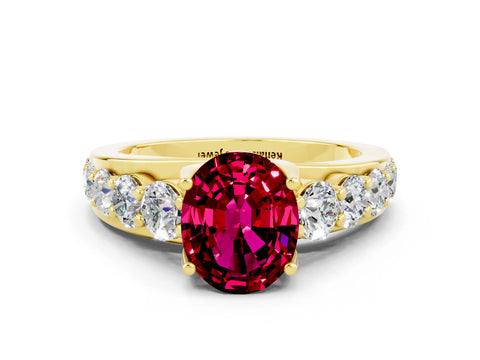 Yellow gold Oval Cut Garnet Engagement Ring with Pavé Band and Four-Prong Setting