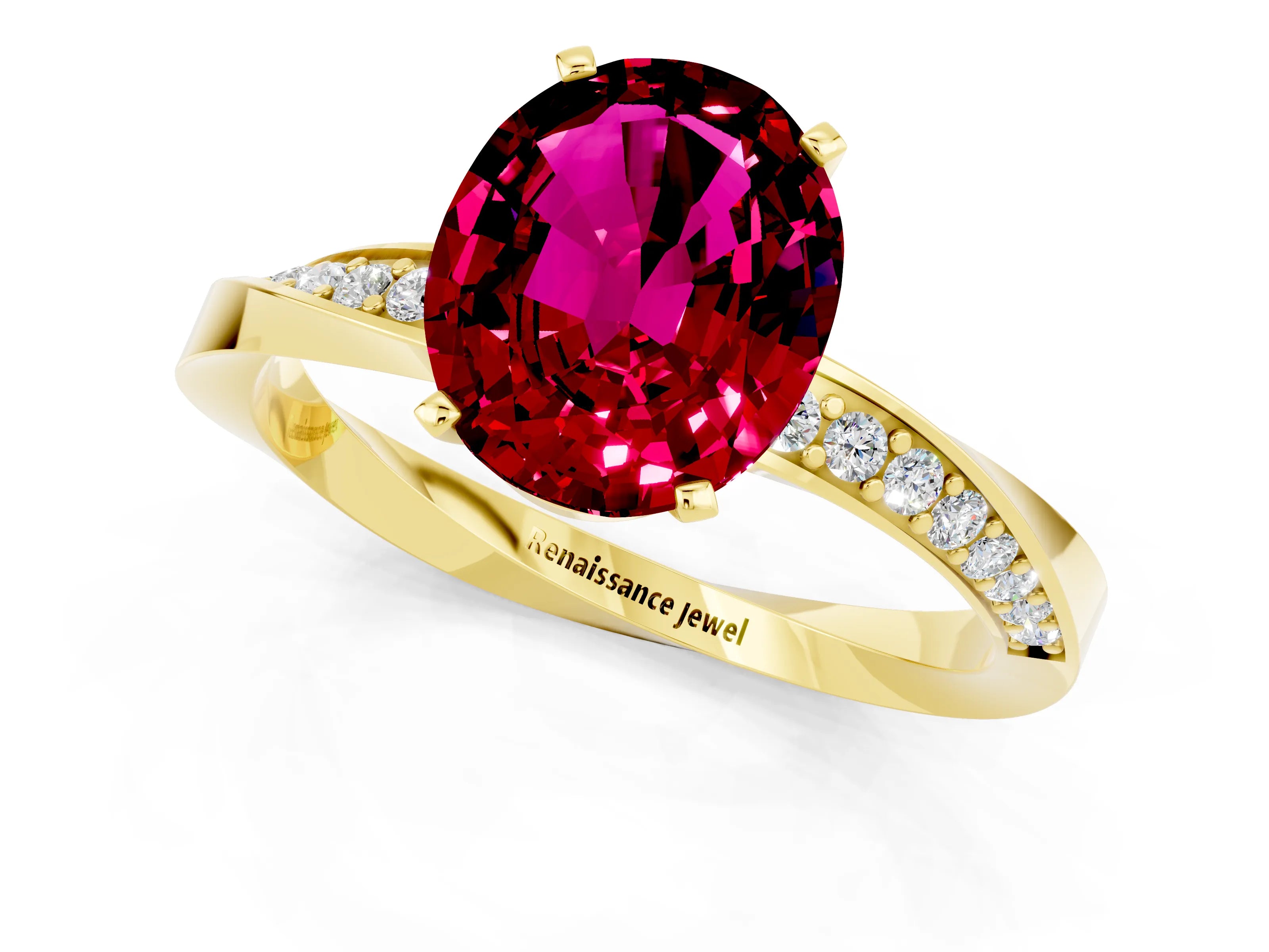 Yellow gold Oval Cut Garnet Engagement Ring with Side Stone Accents and Four-Prong Setting_28