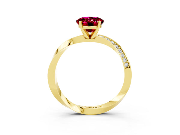 Yellow gold Oval Cut Garnet Engagement Ring with Side Stone Accents and Four-Prong Setting