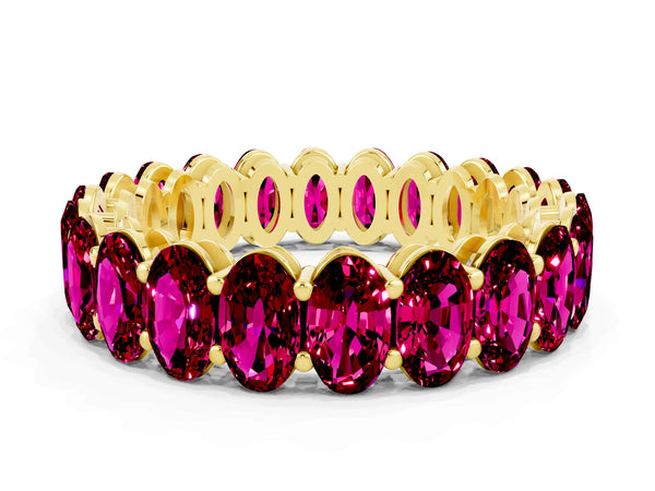 Yellow gold Oval Cut Garnet Eternity Band with Shared Prong Setting