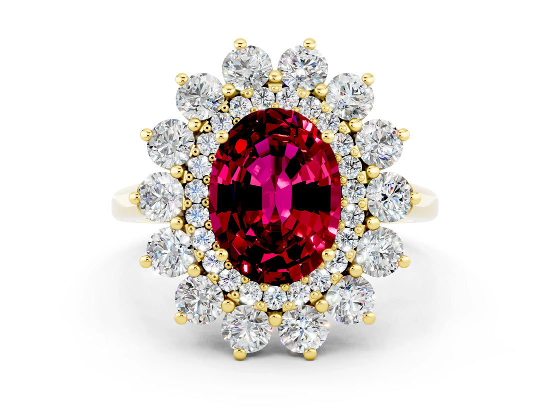 Yellow gold Oval Cut Garnet Floral Double Halo Engagement Ring with Prong Setting_49