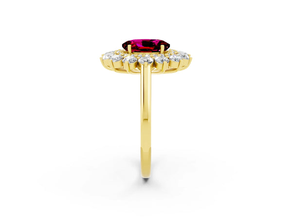 Yellow gold Oval Cut Garnet Floral Double Halo Engagement Ring with Prong Setting