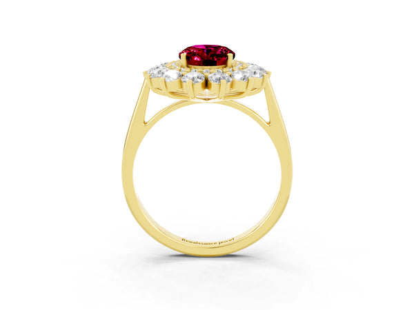 Yellow gold Oval Cut Garnet Floral Double Halo Engagement Ring with Prong Setting