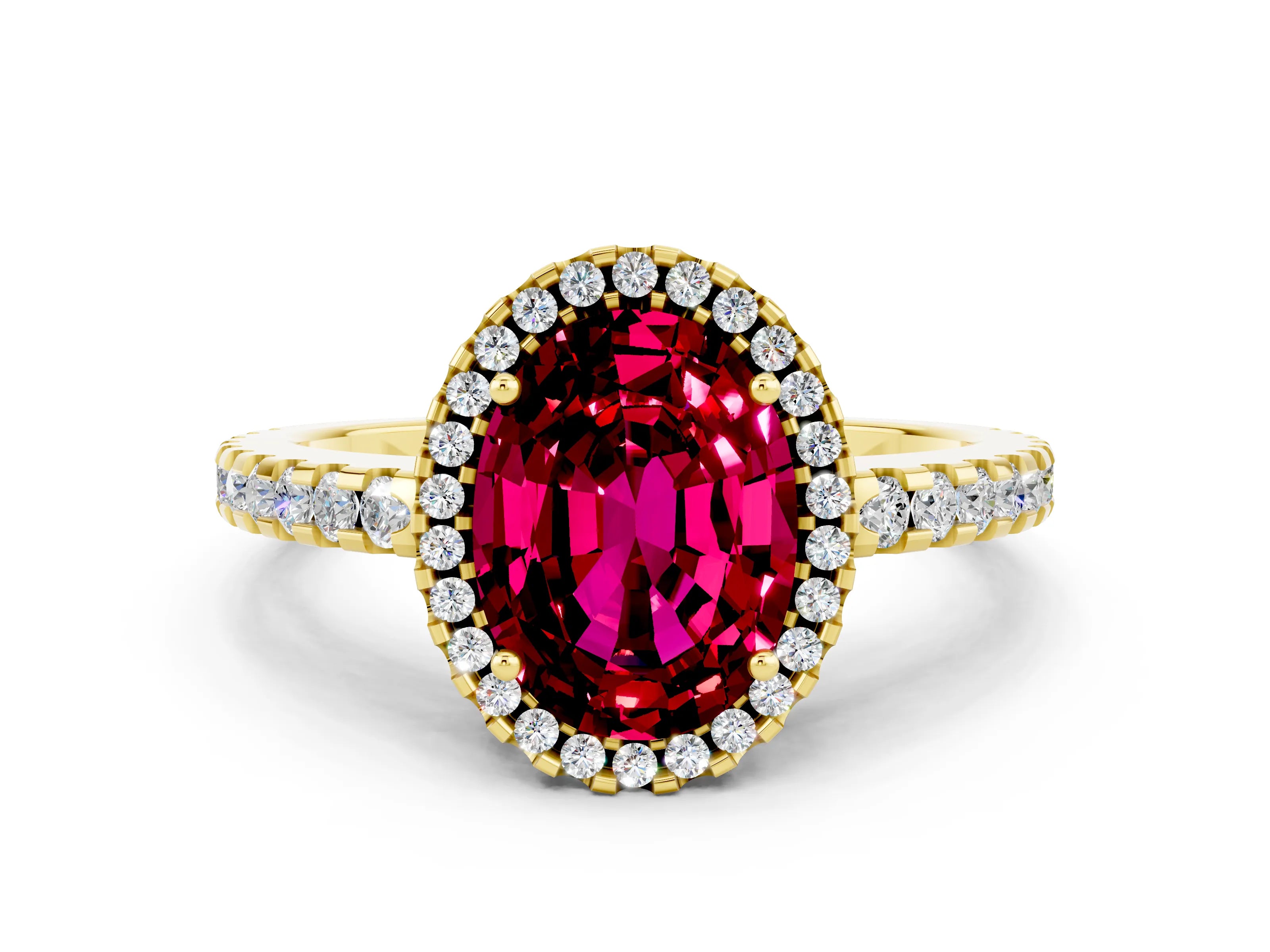Yellow gold Oval Cut Garnet Halo Engagement Ring with Pavé Band and Prong Setting_12