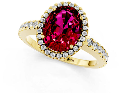 Yellow gold Oval Cut Garnet Halo Engagement Ring with Pavé Band and Prong Setting_13