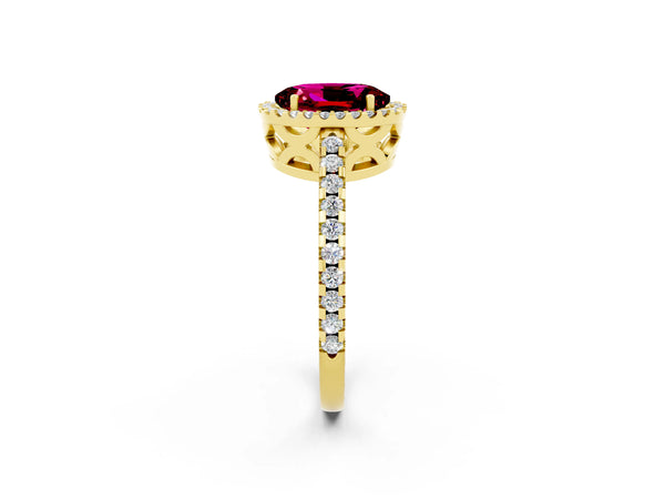 Yellow gold Oval Cut Garnet Halo Engagement Ring with Pavé Band and Prong Setting