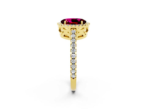 Yellow gold Oval Cut Garnet Halo Engagement Ring with Pavé Band and Prong Setting_14