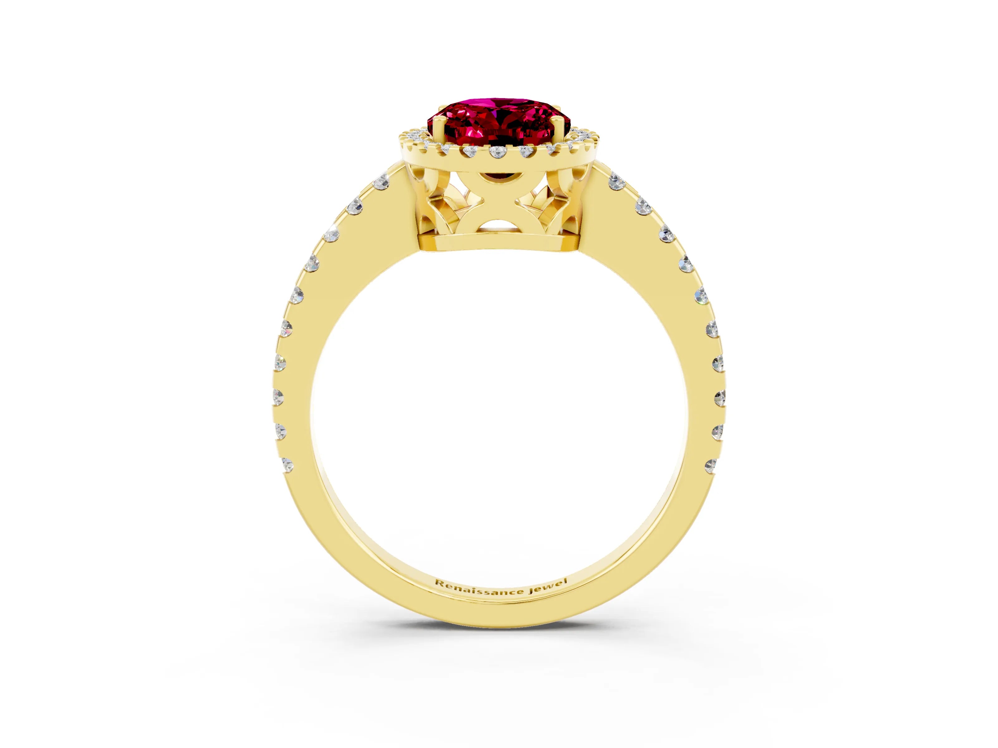 Yellow gold Oval Cut Garnet Halo Engagement Ring with Pavé Band and Prong Setting_15