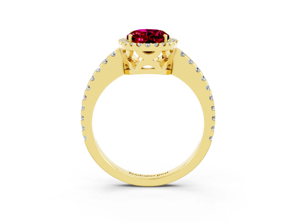 Yellow gold Oval Cut Garnet Halo Engagement Ring with Pavé Band and Prong Setting