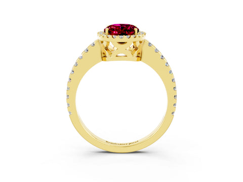 Yellow gold Oval Cut Garnet Halo Engagement Ring with Pavé Band and Prong Setting_15