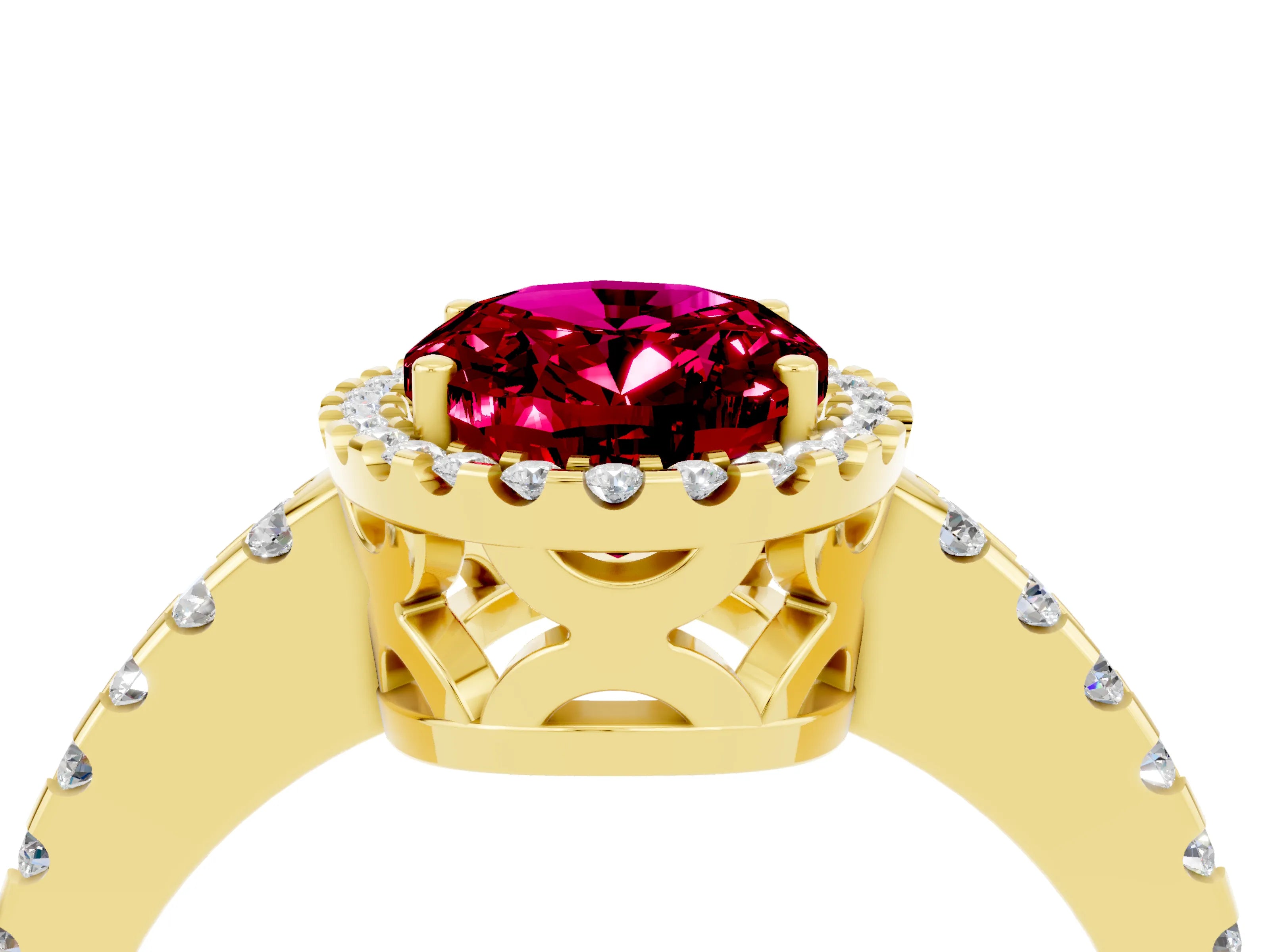 Yellow gold Oval Cut Garnet Halo Engagement Ring with Pavé Band and Prong Setting_16