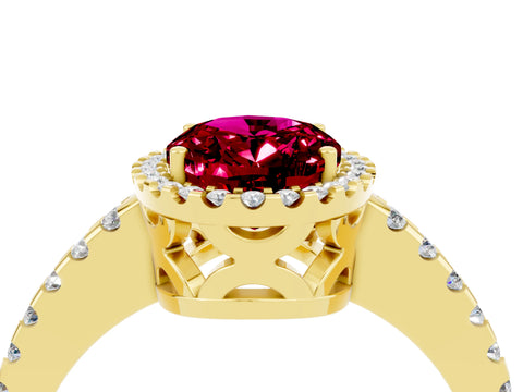 Yellow gold Oval Cut Garnet Halo Engagement Ring with Pavé Band and Prong Setting_16