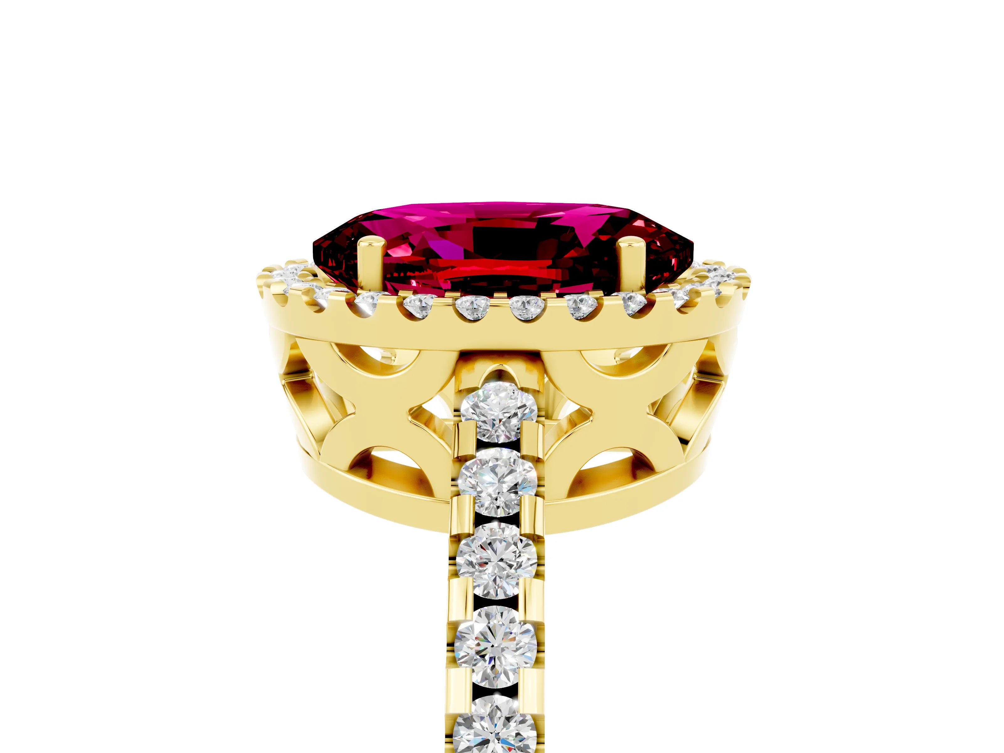 Yellow gold Oval Cut Garnet Halo Engagement Ring with Pavé Band and Prong Setting_17