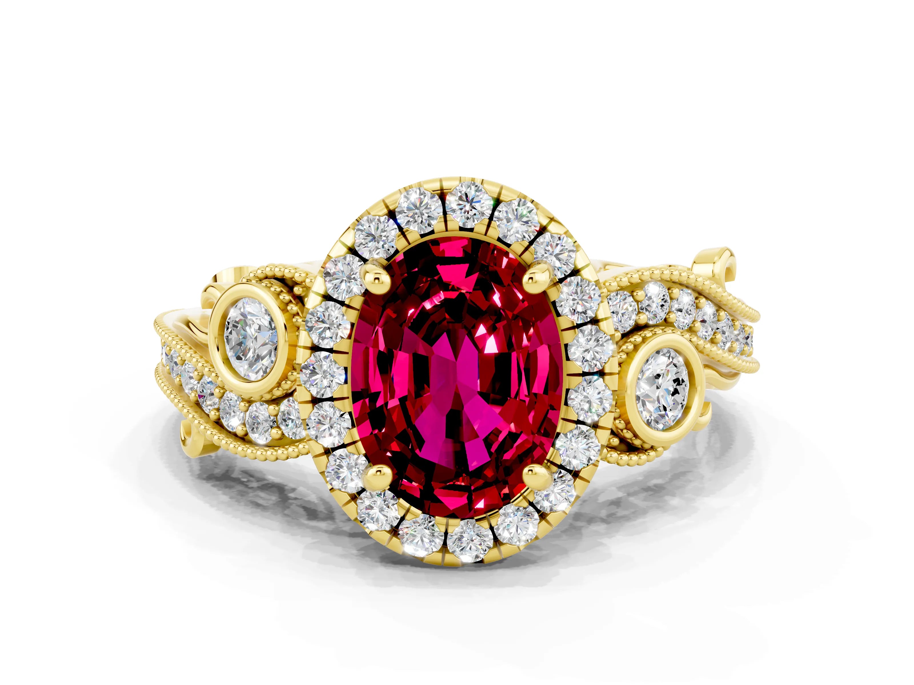 Yellow gold Oval Cut Garnet Halo Ring with Milgrain Pavé Band and Four-Prong Setting_20