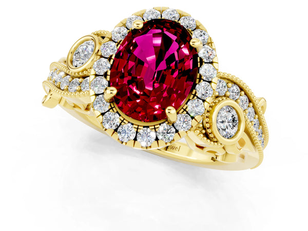Yellow gold Oval Cut Garnet Halo Ring with Milgrain Pavé Band and Four-Prong Setting