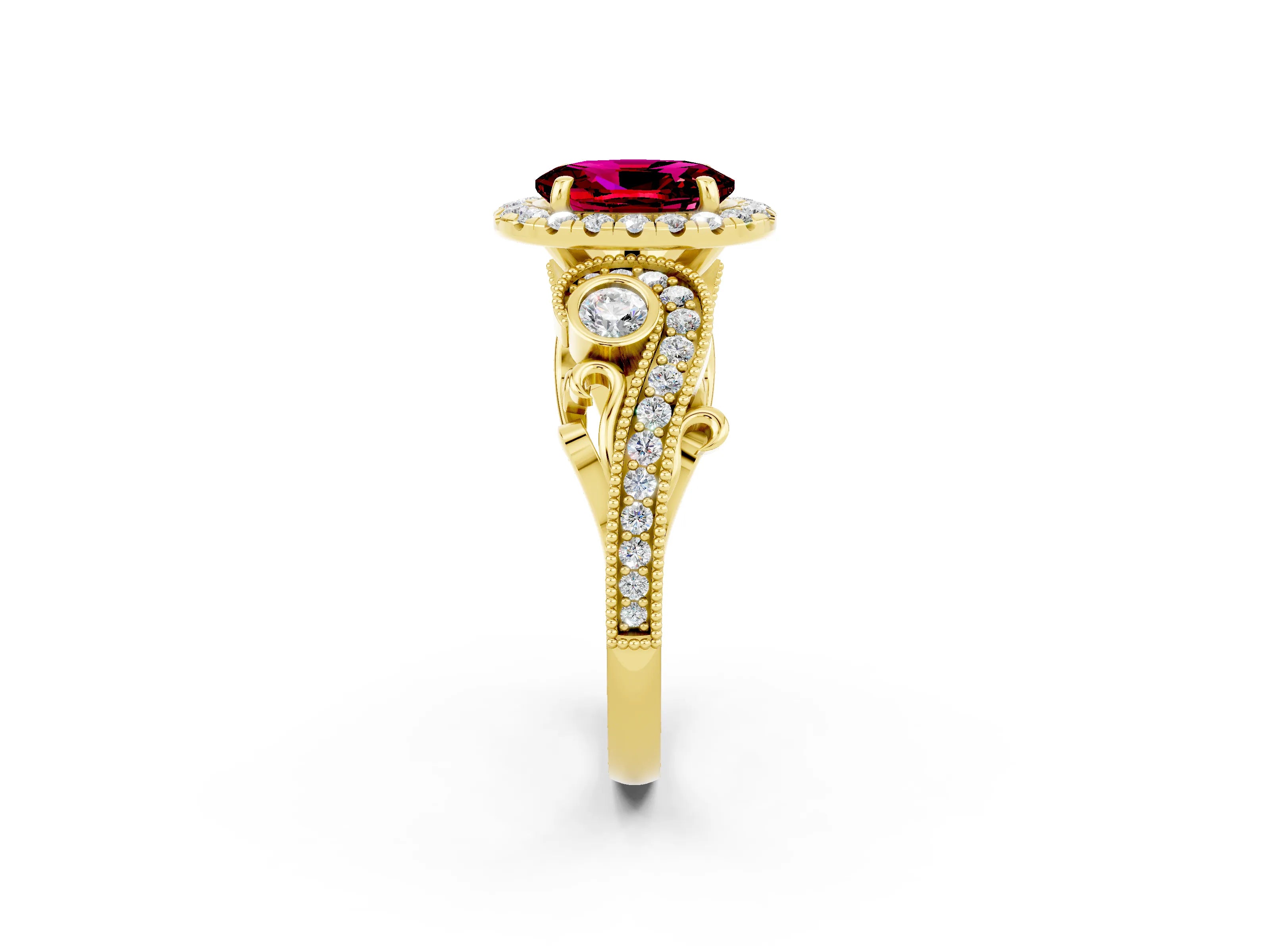 Yellow gold Oval Cut Garnet Halo Ring with Milgrain Pavé Band and Four-Prong Setting_22