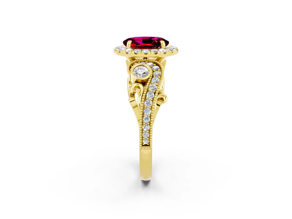 Yellow gold Oval Cut Garnet Halo Ring with Milgrain Pavé Band and Four-Prong Setting