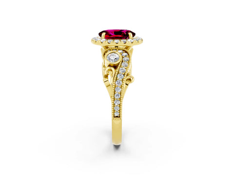 Yellow gold Oval Cut Garnet Halo Ring with Milgrain Pavé Band and Four-Prong Setting_22