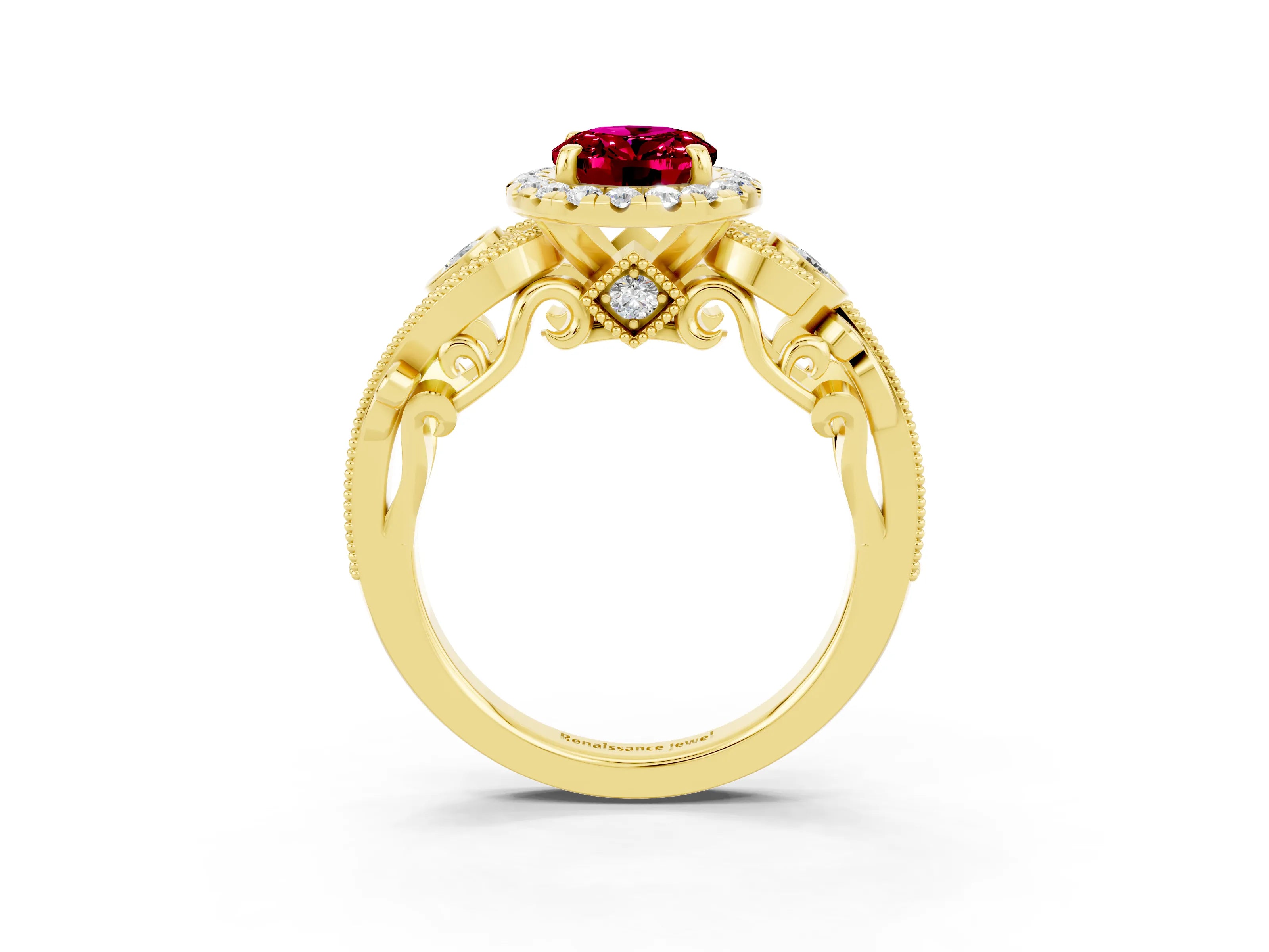 Yellow gold Oval Cut Garnet Halo Ring with Milgrain Pavé Band and Four-Prong Setting_23