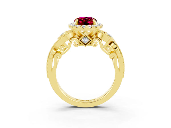 Yellow gold Oval Cut Garnet Halo Ring with Milgrain Pavé Band and Four-Prong Setting