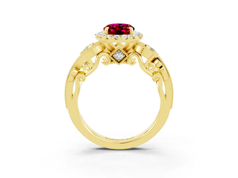 Yellow gold Oval Cut Garnet Halo Ring with Milgrain Pavé Band and Four-Prong Setting_23