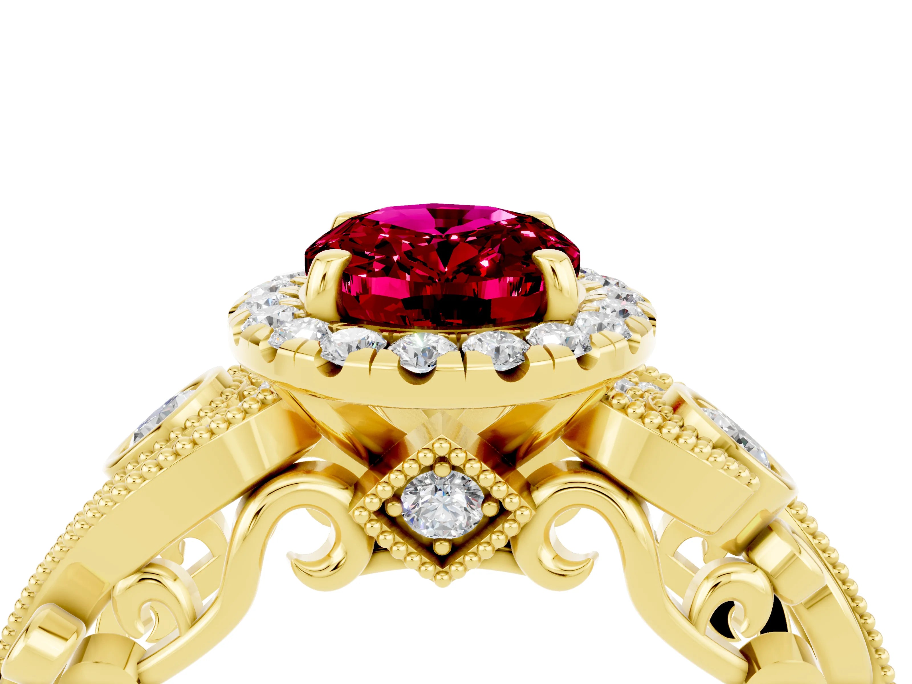 Yellow gold Oval Cut Garnet Halo Ring with Milgrain Pavé Band and Four-Prong Setting_24