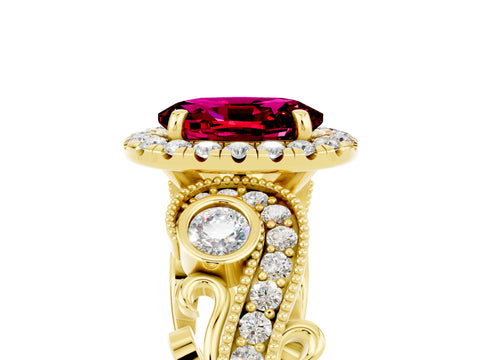 Yellow gold Oval Cut Garnet Halo Ring with Milgrain Pavé Band and Four-Prong Setting_25