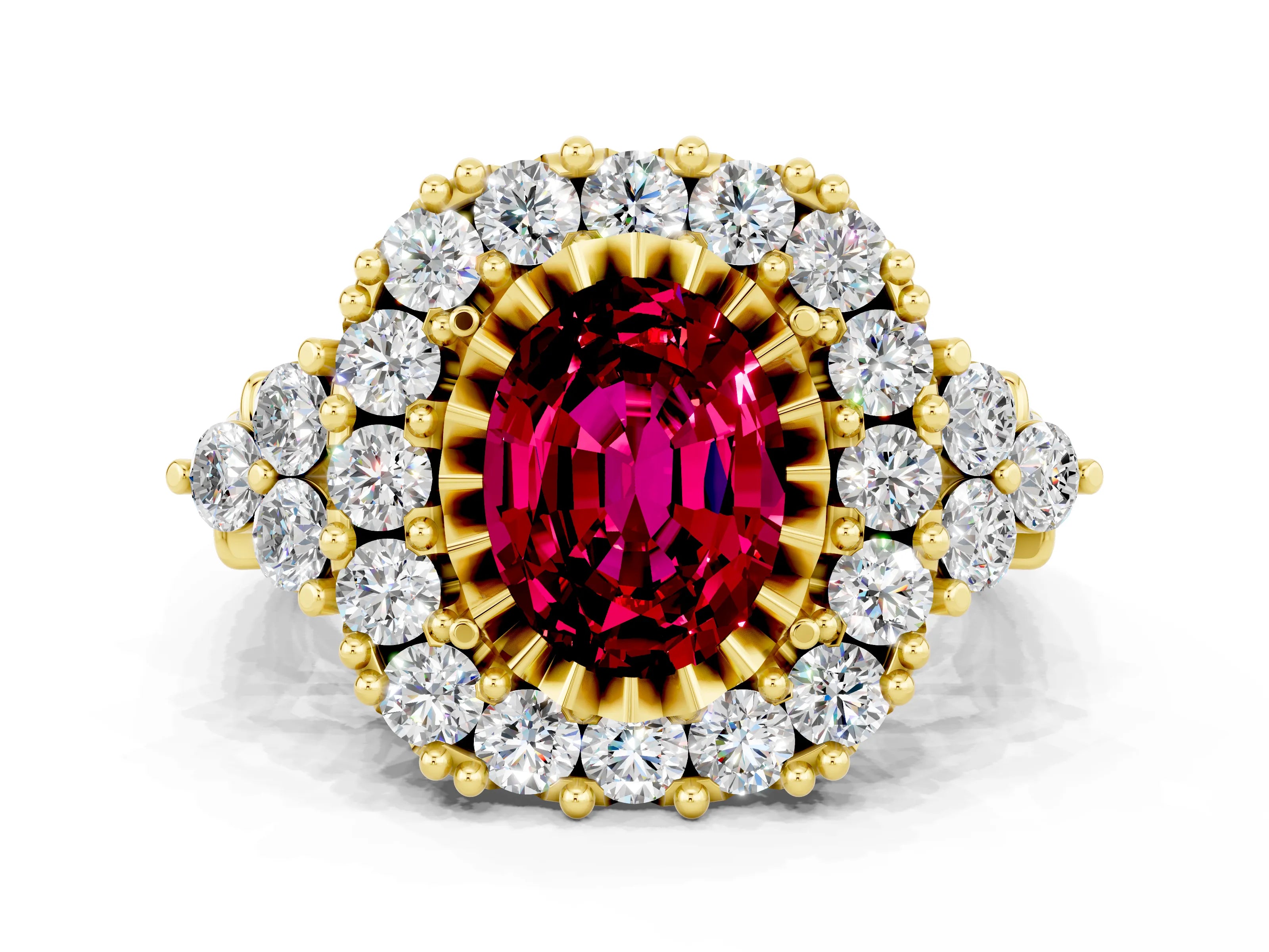 Yellow gold Oval Cut Garnet Halo Ring with Pavé Band and Four-Prong Setting_12