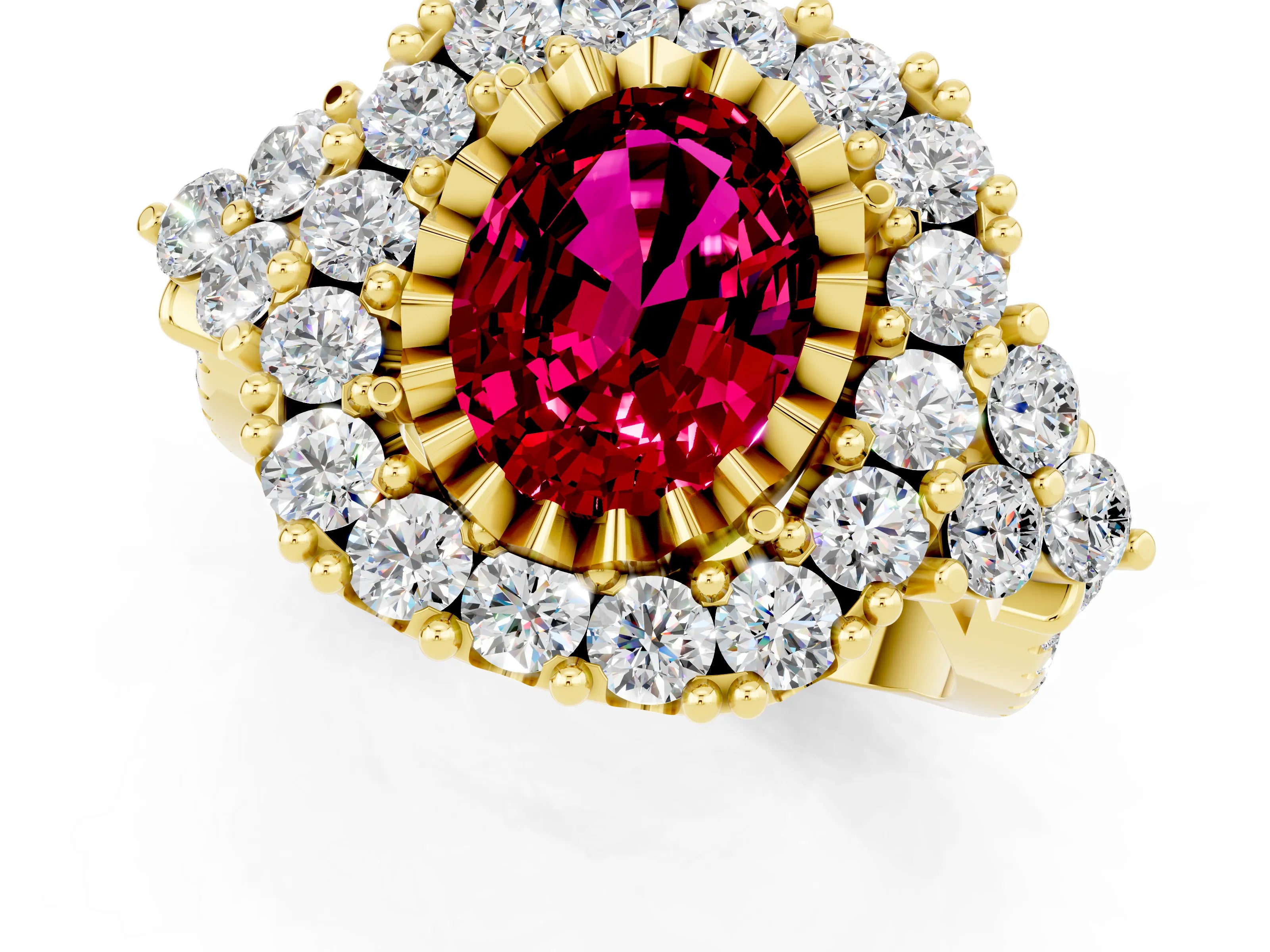 Yellow gold Oval Cut Garnet Halo Ring with Pavé Band and Four-Prong Setting_13