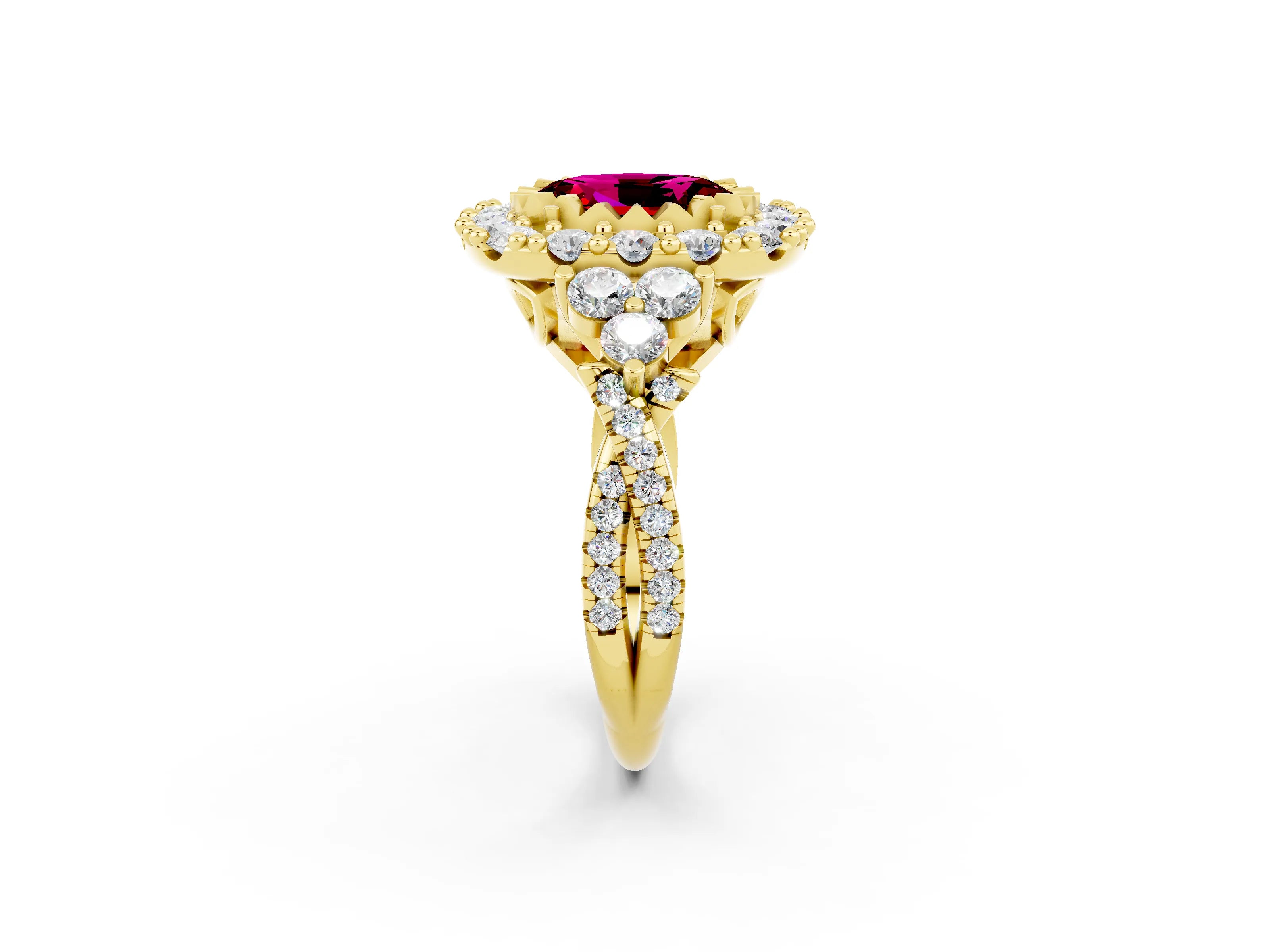 Yellow gold Oval Cut Garnet Halo Ring with Pavé Band and Four-Prong Setting_14