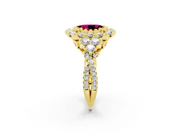 Yellow gold Oval Cut Garnet Halo Ring with Pavé Band and Four-Prong Setting