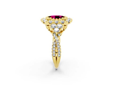 Yellow gold Oval Cut Garnet Halo Ring with Pavé Band and Four-Prong Setting_14
