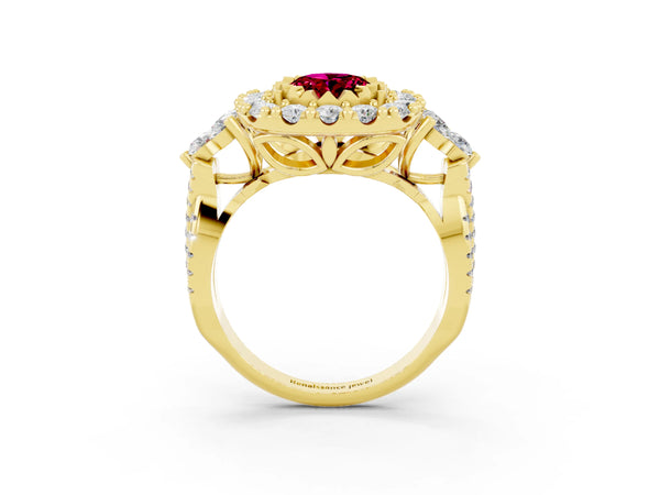 Yellow gold Oval Cut Garnet Halo Ring with Pavé Band and Four-Prong Setting
