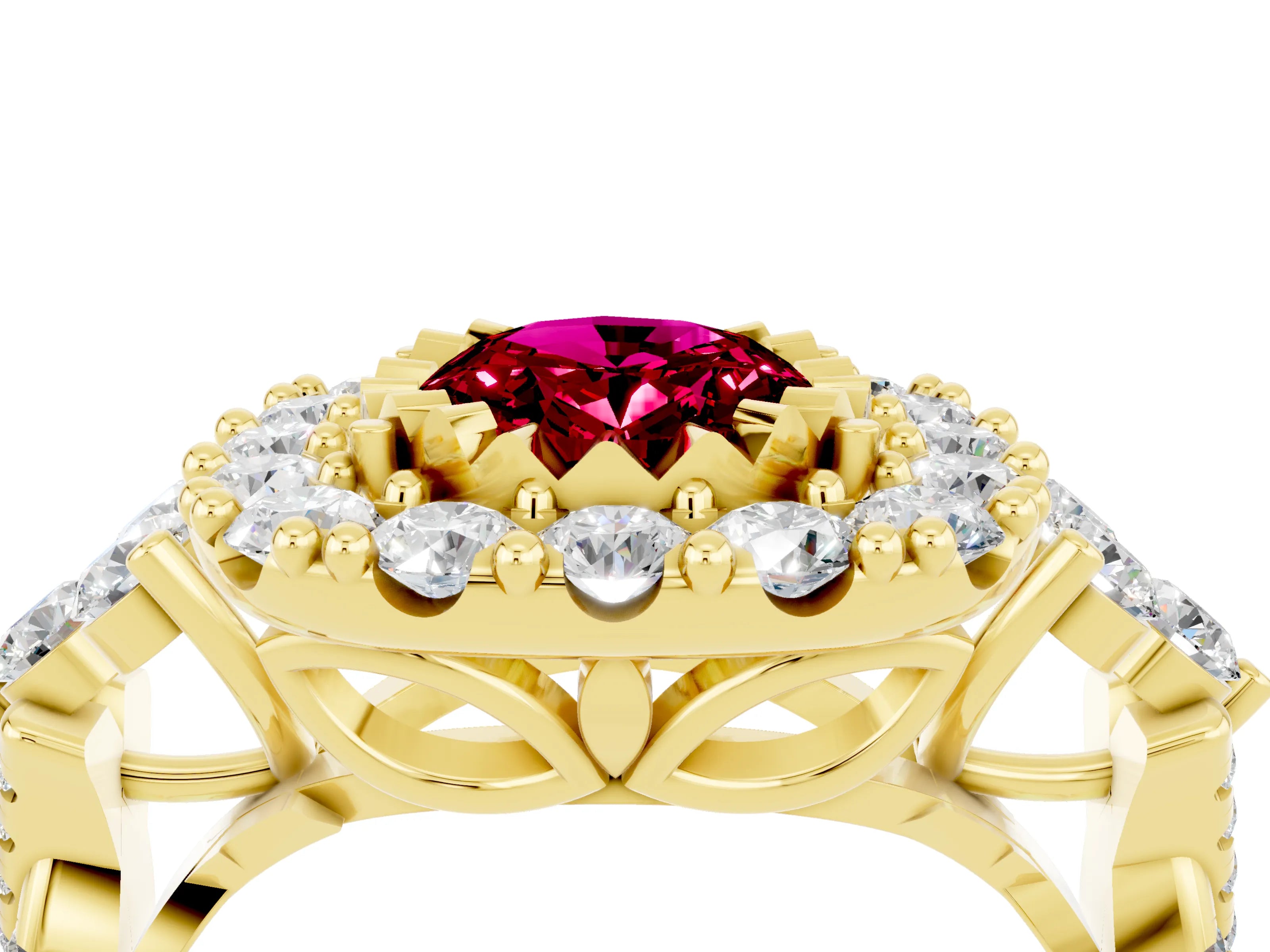 Yellow gold Oval Cut Garnet Halo Ring with Pavé Band and Four-Prong Setting_16
