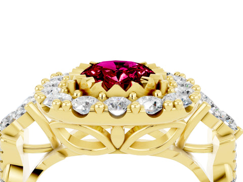 Yellow gold Oval Cut Garnet Halo Ring with Pavé Band and Four-Prong Setting_16