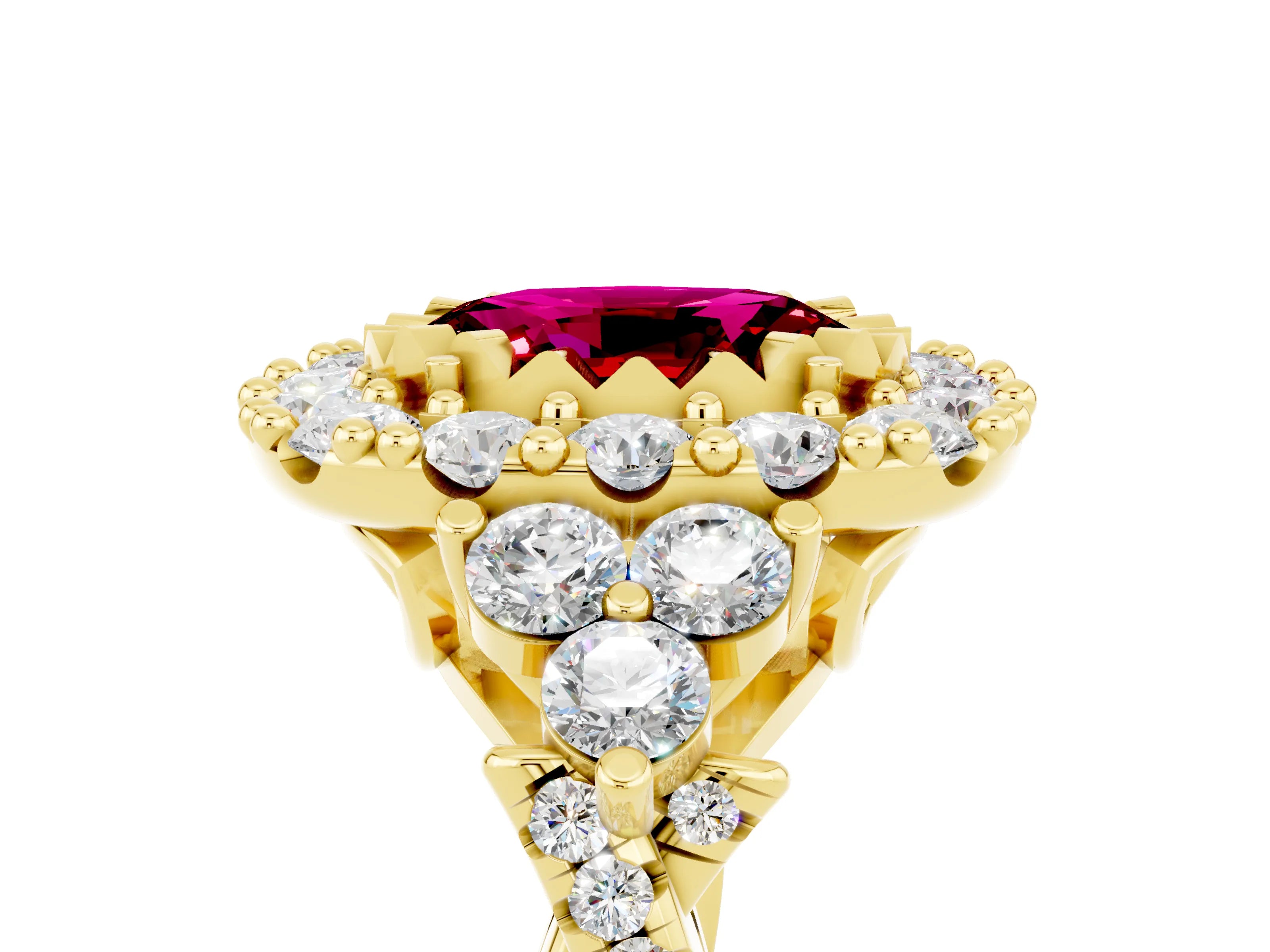 Yellow gold Oval Cut Garnet Halo Ring with Pavé Band and Four-Prong Setting_17