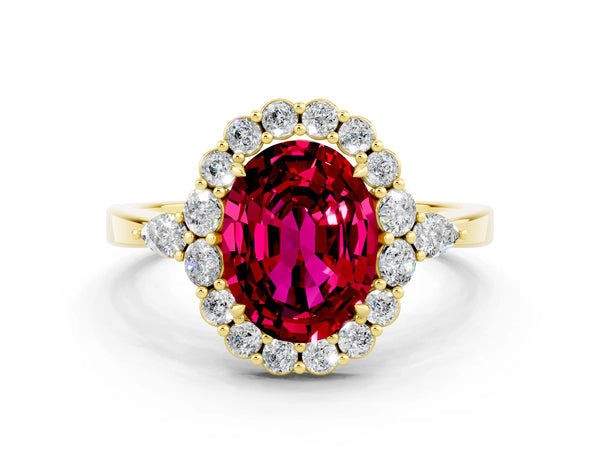 Yellow gold Oval Cut Garnet Halo Ring with Pear Side Stones and Prong Setting