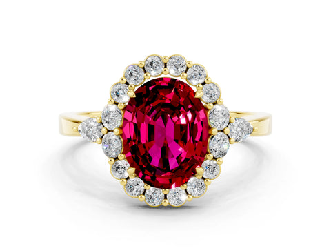 Yellow gold Oval Cut Garnet Halo Ring with Pear Side Stones and Prong Setting_12