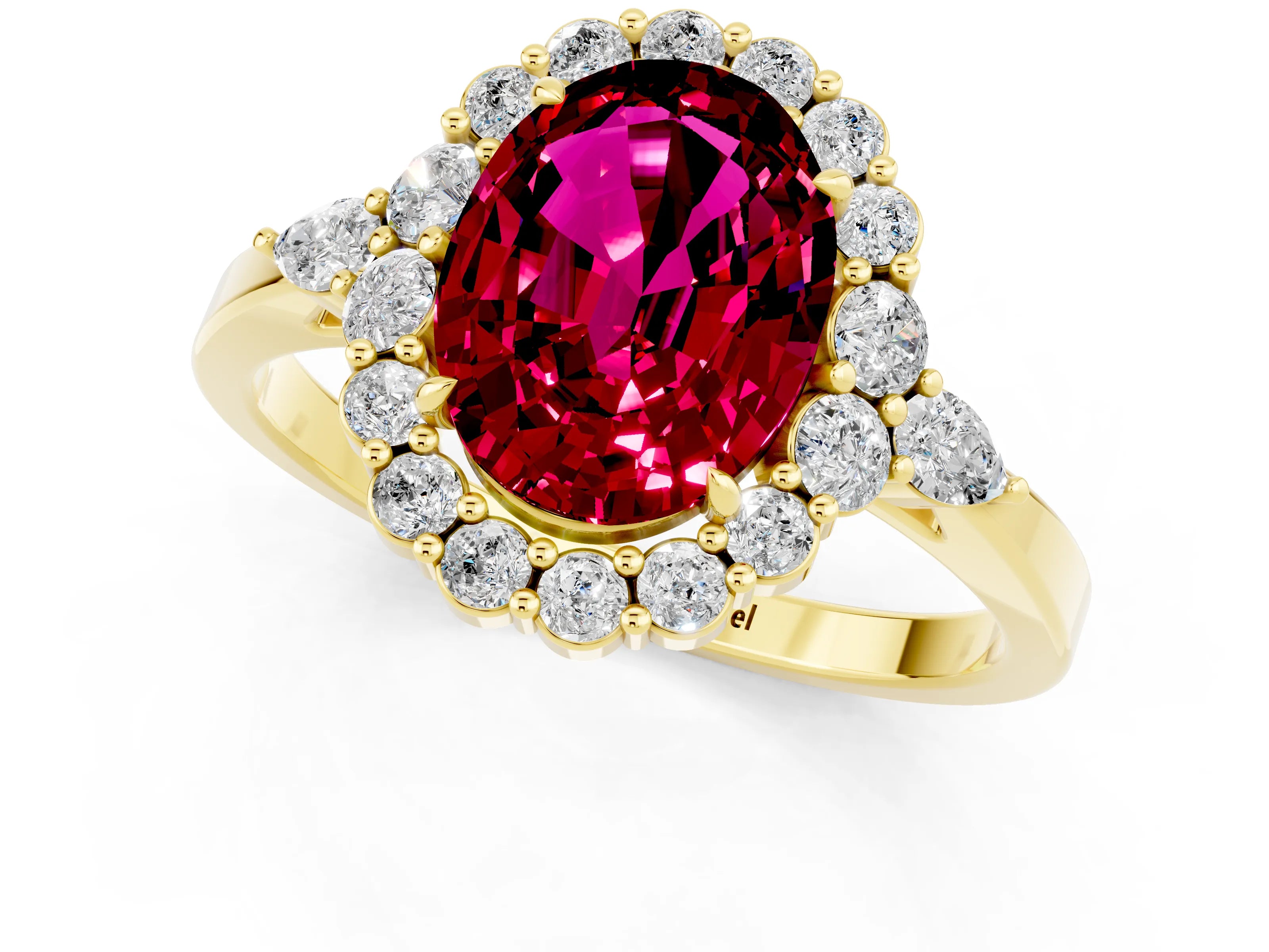 Yellow gold Oval Cut Garnet Halo Ring with Pear Side Stones and Prong Setting_13