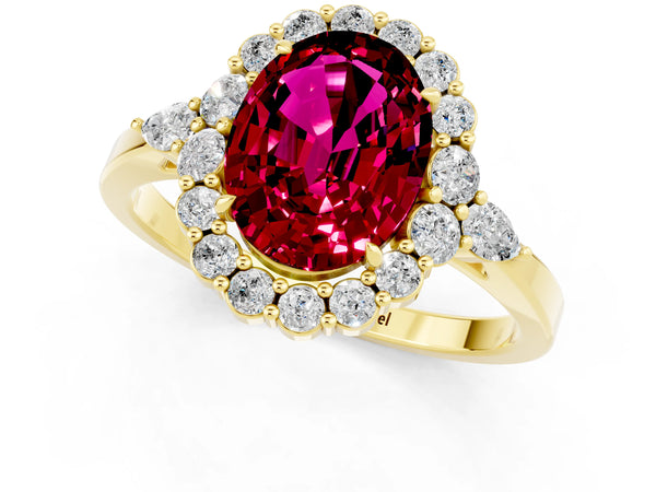 Yellow gold Oval Cut Garnet Halo Ring with Pear Side Stones and Prong Setting