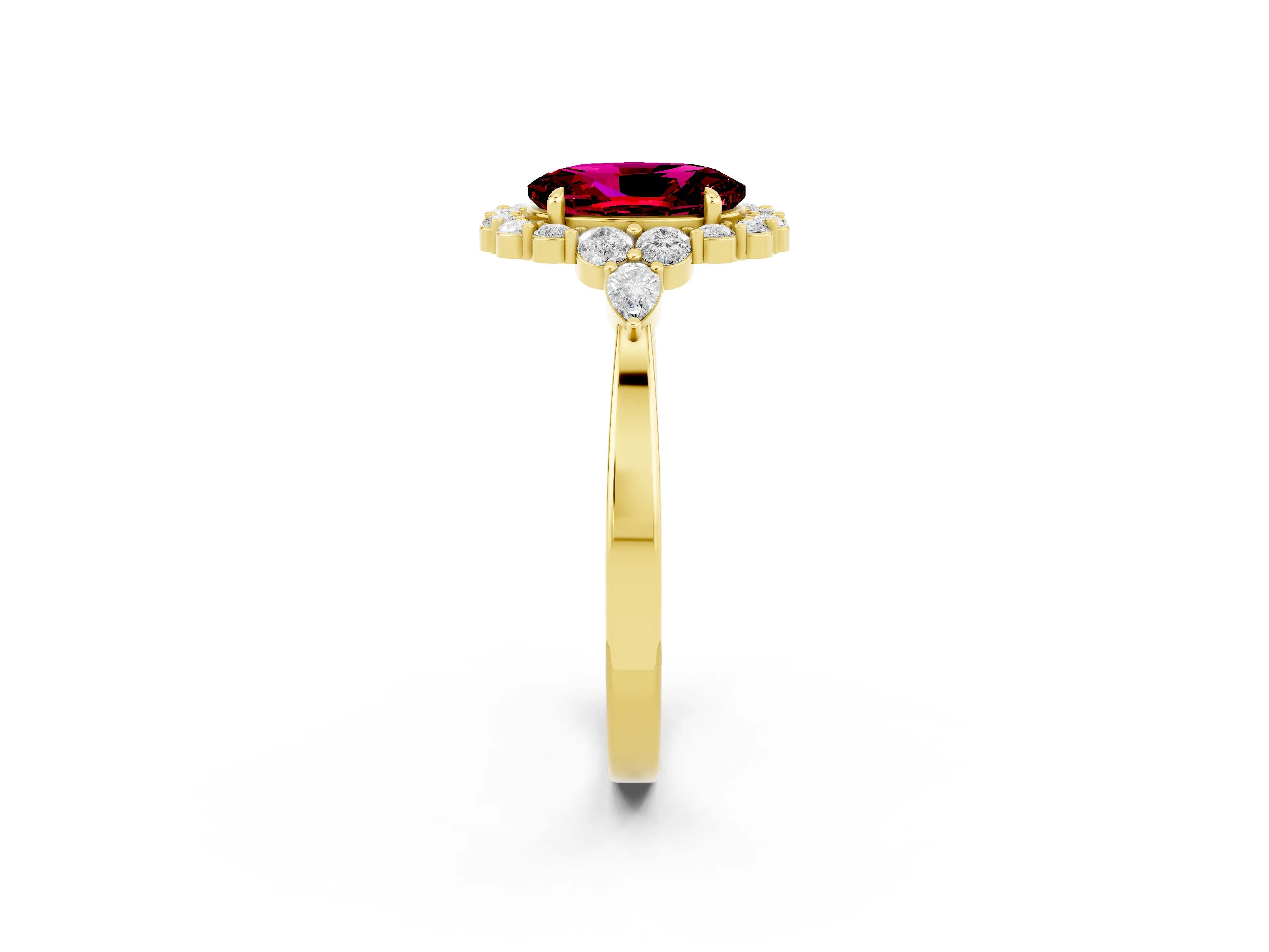 Yellow gold Oval Cut Garnet Halo Ring with Pear Side Stones and Prong Setting_14